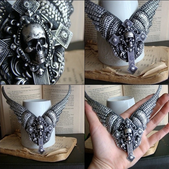 Bella Lili goth winged cross w/ skull statement necklace